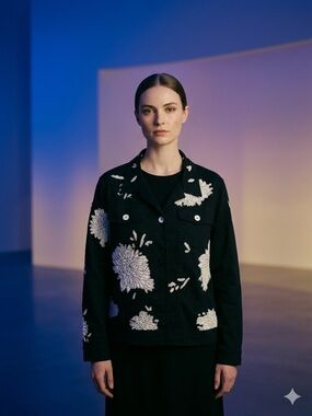 Anne Carson Black Jacket with White Floral Appliqué Size 2X